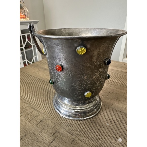 Vintage Hollywood Regency Jeweled Silver-Plate Mini Ice Bucket / Wine Cooler